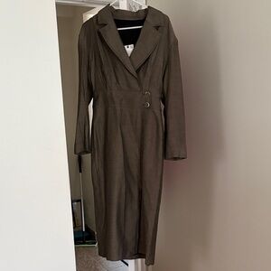 Zara Classic Olive Long Sleeve Midi Dress with Notch Collar and slit on side